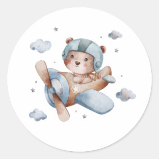 schattige beer vliegend in een vliegtuig waterverf ronde sticker