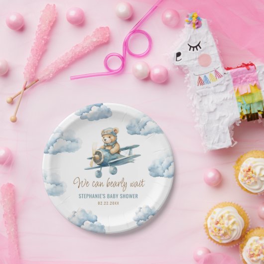 Schattige Beer Vliegtuig Blue Boy Baby shower Papieren Bordje (Feest)