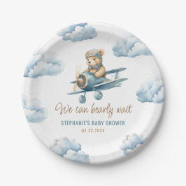 Schattige Beer Vliegtuig Blue Boy Baby shower Papieren Bordje