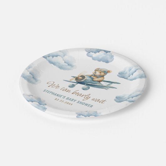 Schattige Beer Vliegtuig Blue Boy Baby shower Papieren Bordje (Gekanteld)