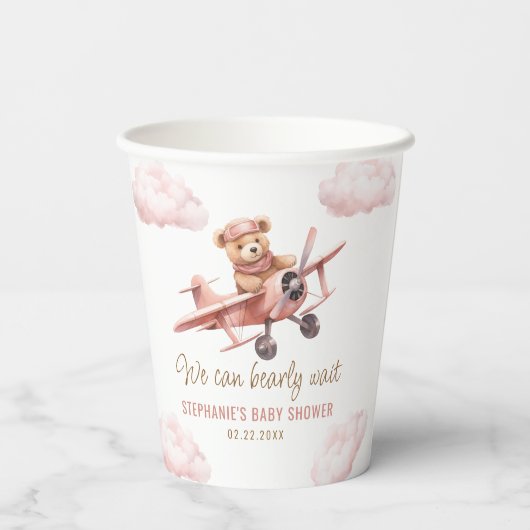 Schattige Beer Vliegtuig Roze Meisje Baby shower Papieren Bekers (Achterkant)