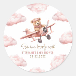 Schattige Beer Vliegtuig Roze Meisje Baby shower Ronde Sticker