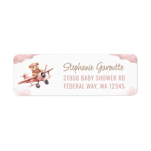 Schattige Beer Vliegtuig Roze Meisje Retouradres Etiket (Voorkant)