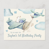 Schattige Beer Vliegtuig Vliegtuig Baby's 1e Verja Uitnodiging Briefkaart (Voorkant)