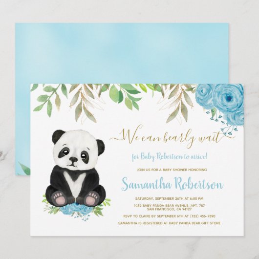 Schattige Beer Waterverf Blauw groen Boy Baby show Kaart (Voorkant / Achterkant)