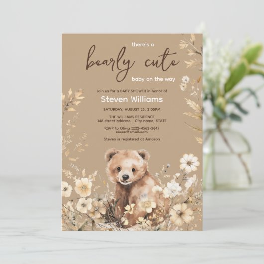 Schattige beer waterverf jongen baby shower uitnod kaart (Staand voorkant)