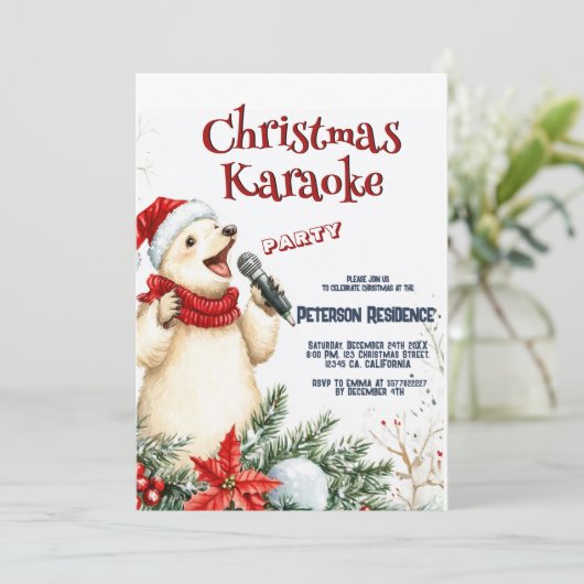 Schattige Beer Zingende Kerst Karaoke Party Kaart (Staand voorkant)