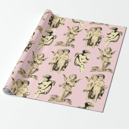 Schattige  Beige Cupid Angels op Roze Cadeaupapier (Uitgerold)