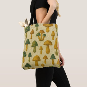 Schattige beige, gouden en groene paddenstoelen tote bag