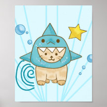 Schattige beige kat in haaienpak aqua zee thema