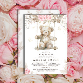 Schattige Beige Waterverf Teddybeer Roze Bloemen Kaart
