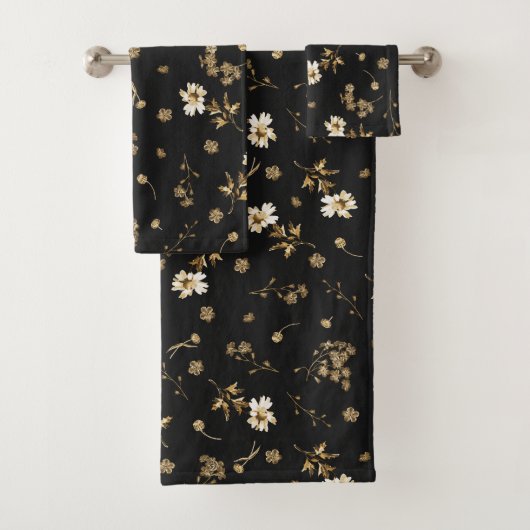 Schattige  Beige Wildbloemen op Zwart Bad Handdoek (Insitu)