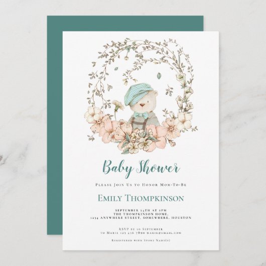 Schattige Beren bladeren turquoise Baby shower Kaart (Voorkant / Achterkant)