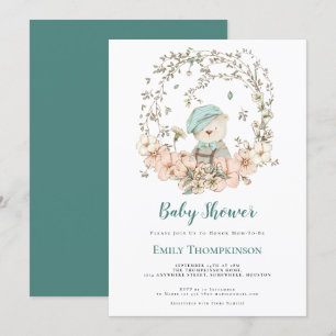 Schattige Beren bladeren turquoise Baby shower Kaart