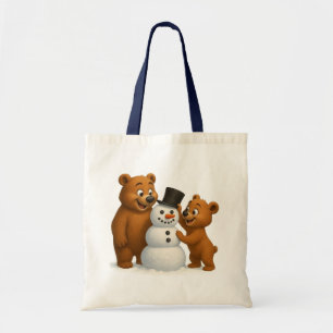 schattige beren die een sneeuwman bouwen tote bag