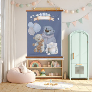 schattige beren en teddy konijn met ballonnen hangend wandkleed