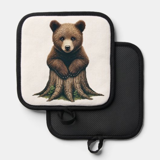 Schattige Beren welp zittend op boomstronk Pannenlap (Voorkant / Achterkant)