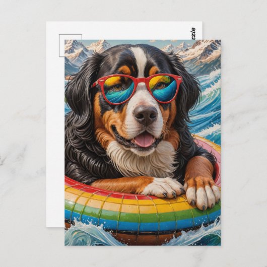 Schattige Berner Mountain Dog geniet van Float Tri Briefkaart (Voorkant / Achterkant)