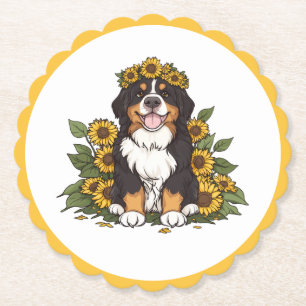 Schattige Berner Sennenhond met zonnebloemenkroon Kartonnen Onderzetters