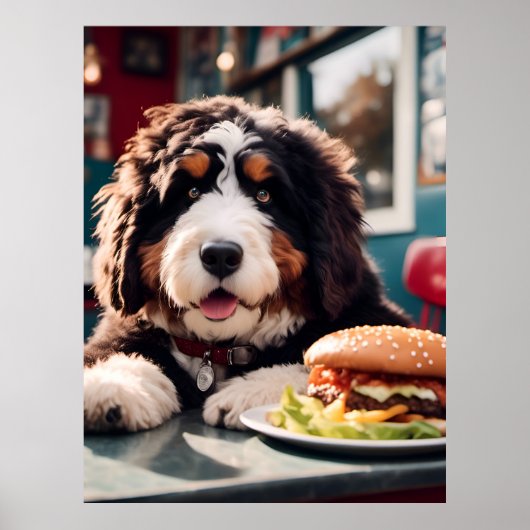 Schattige Bernerdoodle bij het Diner Poster (Voorkant)
