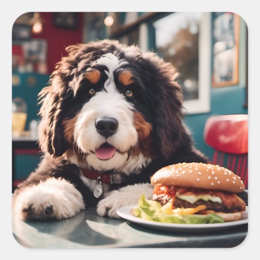 Schattige Bernerdoodle bij het Diner Vierkante Sticker (Voorkant)