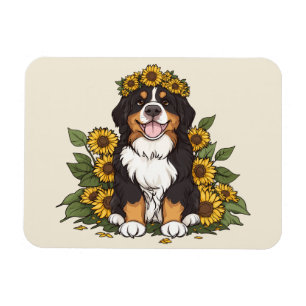 Schattige Bernese berghond met zonnebloemenkroon Magneet