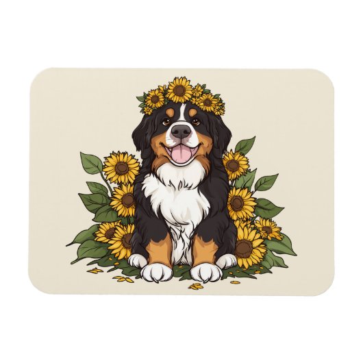 Schattige Bernese berghond met zonnebloemenkroon Magneet (Horizontaal)