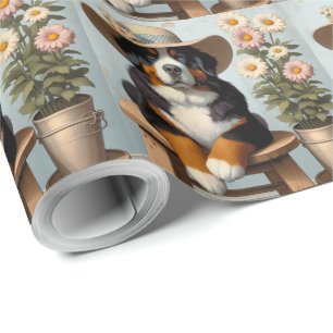 Schattige Bernese Mountain Dog met hoed en bloemen Cadeaupapier