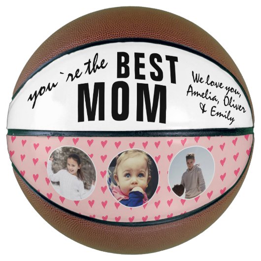 Schattige Beste Moeder Roze Hart 3 Foto Collage Basketbal (Voorkant)