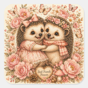 Schattige Beste Vrienden Egel Bloemrijke Waterverf Vierkante Sticker