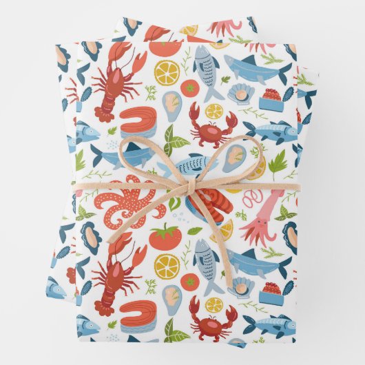 Schattige betegeld strand zeevruchten patroonfeest inpakpapier vel (In situ)