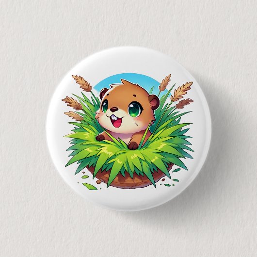 Schattige bever steekt uit een hol ronde button 3,2 cm (Voorkant)