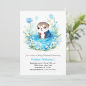 Schattige bewerkbaar blauw bloemig otterboy Baby s Kaart (Staand voorkant)