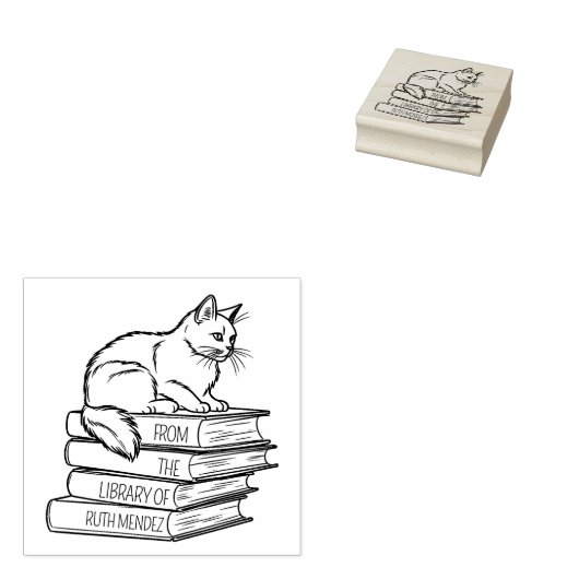 Schattige Bibliotheekkat, Aangepaste Boekplaat  Rubberstempel (Gestempeld)