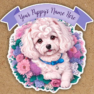 Schattige Bichon Frisé, gesorteerde bloemen op maa Sticker