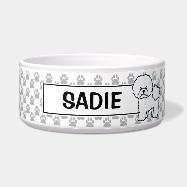 Schattige Bichon Frise Hond Met Aangepaste Naam Voerbakje (Voorkant)