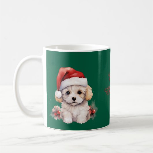 Schattige Bichon Frise met Kerstmis Koffiemok (Links)