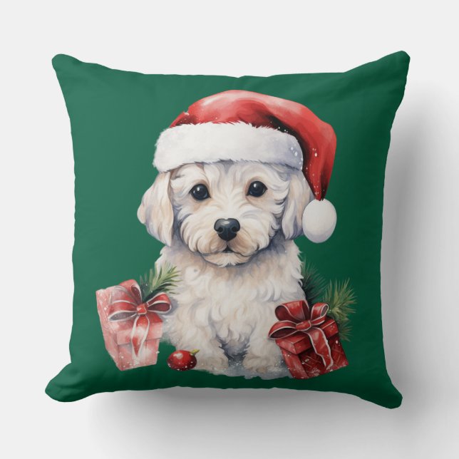 Schattige Bichon Frise met Kerstmis Kussen (Voorkant)