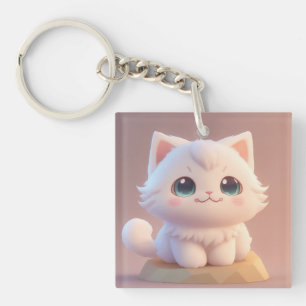 Schattige Big Eyes Fluffy White Kitten Sleutelhanger