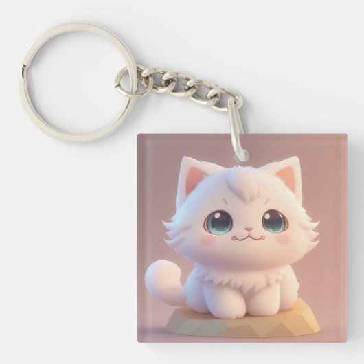 Schattige Big Eyes Fluffy White Kitten Sleutelhanger (Voorkant)