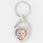 Schattige Big Eyes Fluffy White Kitten Sleutelhanger (Voorkant)