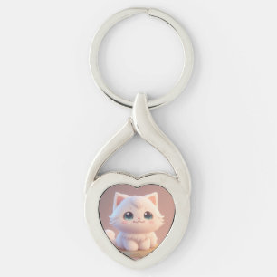 Schattige Big Eyes Fluffy White Kitten Sleutelhanger