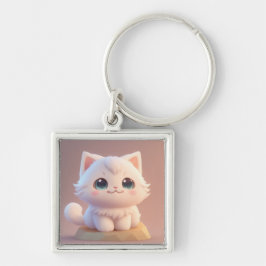 Schattige Big Eyes Fluffy White Kitten Sleutelhanger