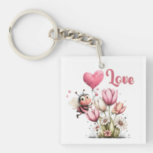 Schattige Bij Liefde Hart Ballon Lente Bloemen Sleutelhanger
