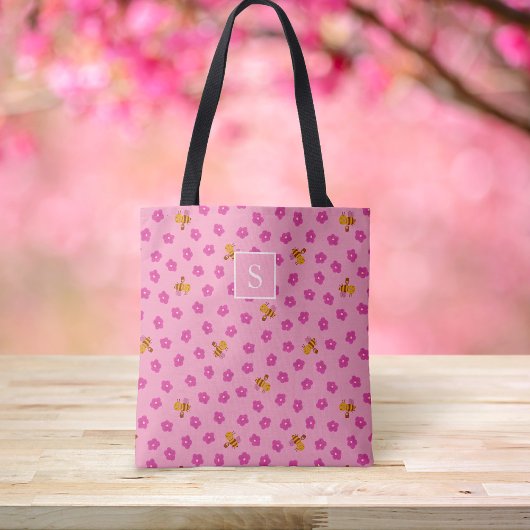 Schattige bijen & bloemmotief Monogram roze Tote Bag