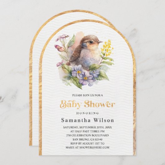 Schattige Bird Floral Spring Baby shower Kaart (Voorkant / Achterkant)