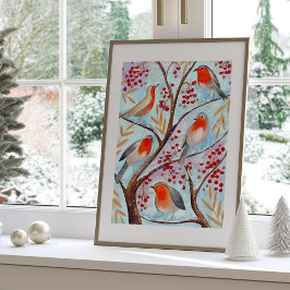 Schattige Bird Red Robin Blue Christmas Familie Poster