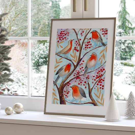 Schattige Bird Red Robin Blue Christmas Familie Poster