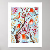 Schattige Bird Red Robin Blue Christmas Familie Poster (Voorkant)