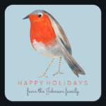 Schattige Bird Red Robin Blue Christmas Vierkante Sticker<br><div class="desc">Een schattig vogelbotanisch mailinglabel voor uw kerstvakantiepost met schattige handgeschilderde rode robin vogelillustratie op een sneeuwwitte achtergrondlucht. Origineel kunstwerk van Caroline Bonne Müller</div>